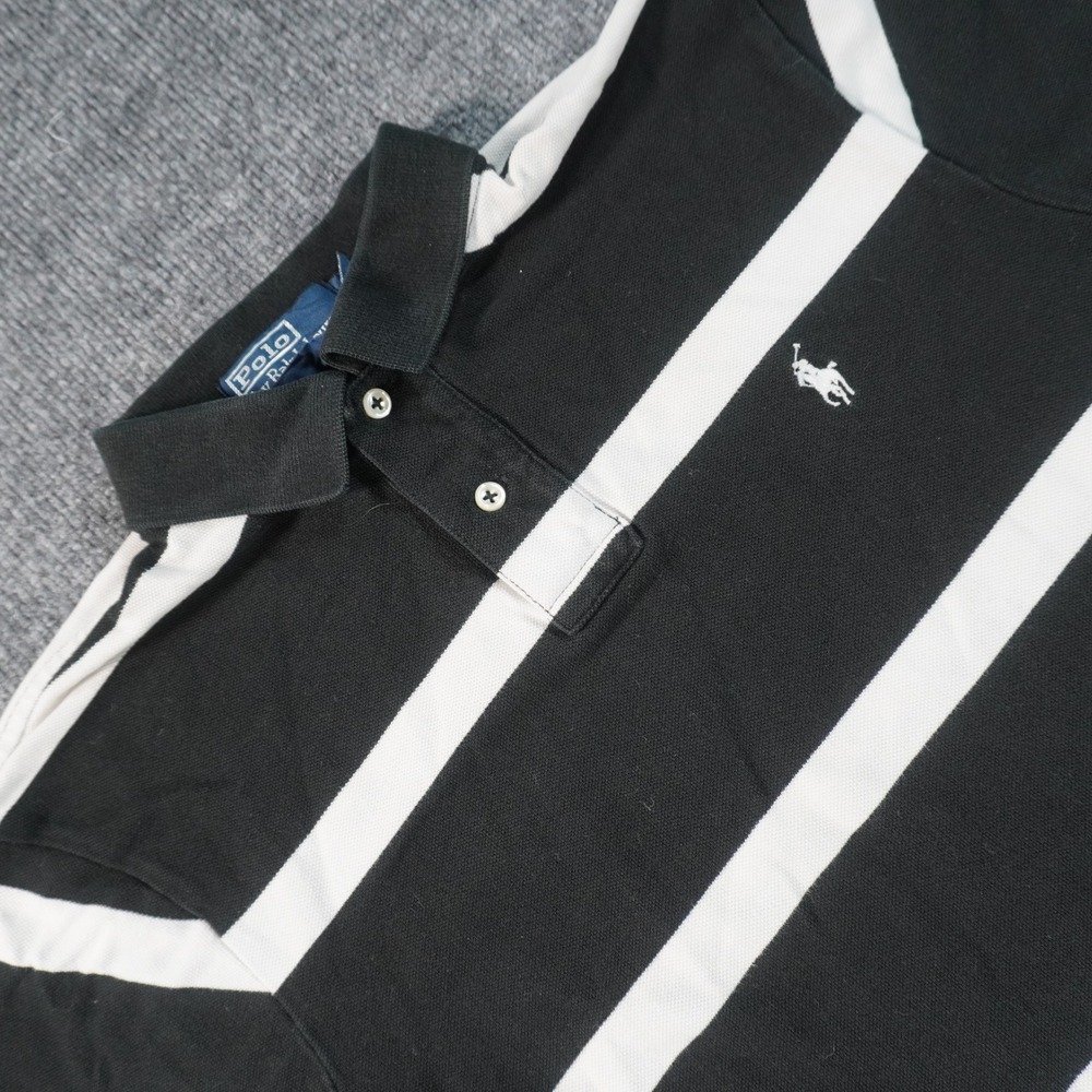 Polo Ralph Lauren Polo Shirt Mens M Black White Striped Custom Fit Cotton Pique